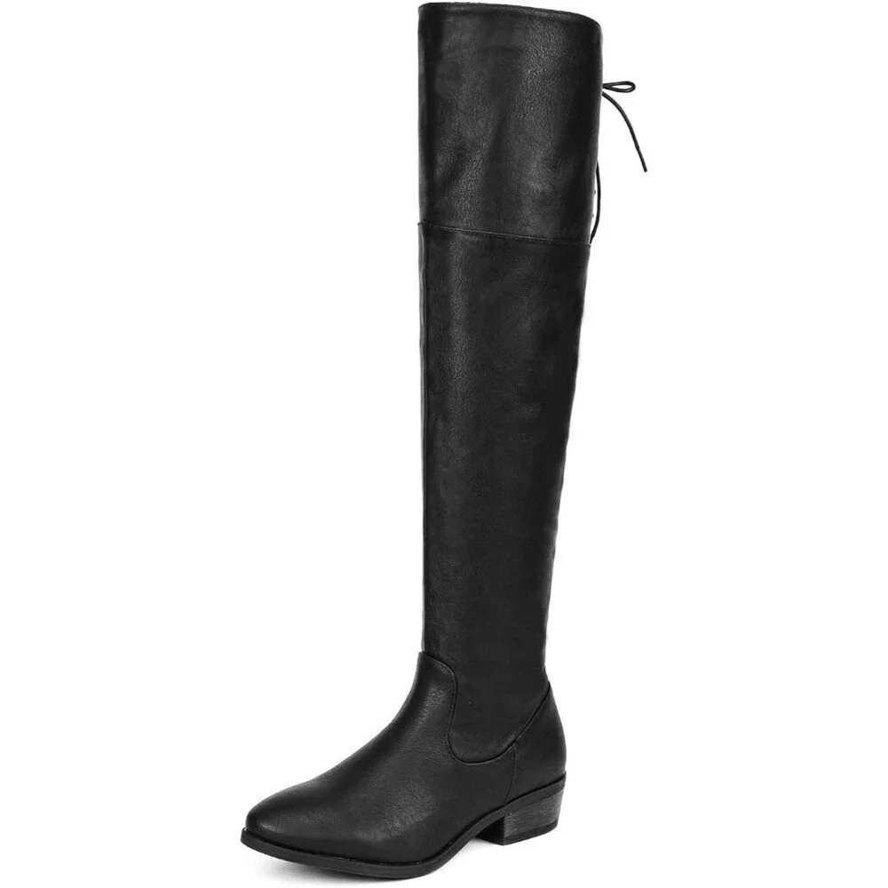 Women Black Pu Textile Over The Knee High Low Block Heel Pointed Toe Riding Boot